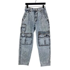 Vintage 90s Jordache Acid Wash Cargo Jeans High Rise Utility Denim Zip Pocket 31